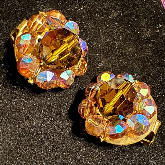 Vintage Brown & Amber glass beads with AB finish Clip on Earrings - Picture 2 of 4